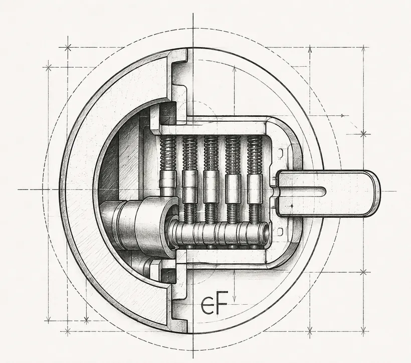 Cutaway lock, technical drawing: the mechanism opened and explained, not forced